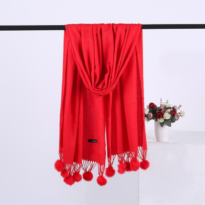 Autumn and Winter Rabbit Hair Ball Artificial Cashmere Scarf Women's All-Match Double-Sided Pure Color Cashmere Shawl Gift Red Scarf Wholesale