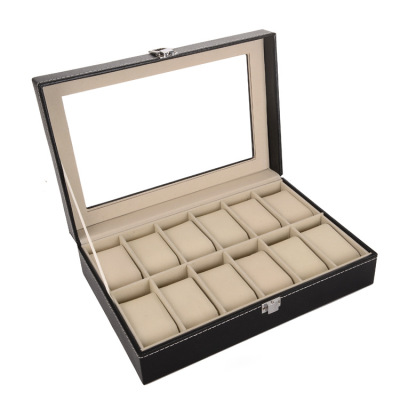 12-Bit Watch Storage Box Factory Direct Sales Window Jewelry Box Cover Transparent Glass Leather Jewelry Box