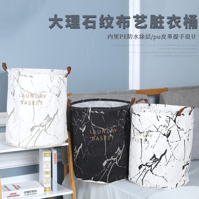 Cross-Border Hot Sale Cotton and Linen Marbling Dirty Clothes Bucket Foldable Waterproof Dirty Clothes Basket round Storage Bucket Currently Available