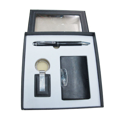 Office Gift Business Card Case Gift Customization Company Logo Business Card Holder with Leather Pen + Keychain Gift Set