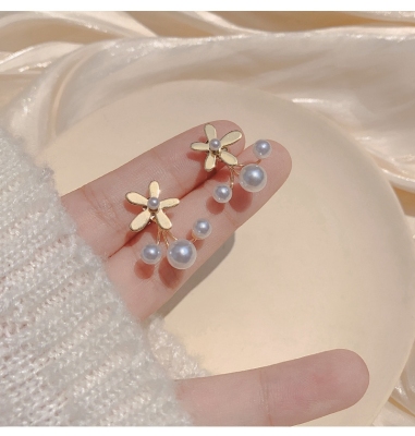 925 Silver Needle Pearl Flower Earrings Women Sweet All-Matching Simple Petal Earrings One Style for Dual-Wear Special-Interest Earrings Women