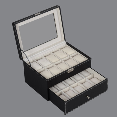 20-Bit Double Rounds Drawer Watch Box Cover Window Jewelry Box Cover Transparent Glass Leather Jewelry Box
