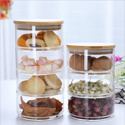 Glass Storage Jar Combined Bamboo Cover Sealed Jar Kitchen Food Storage Bottle Multi-Layer Storage Jar