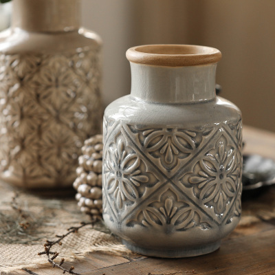 Ceramic Crafts Emboss Retro Vase Decoration Home Ornament American Ceramic Flowerpot