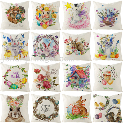 Watercolor Rabbit Egg Series Easter Pillowcase Nordic Office Sofas Linen Cushion Cover Cross-Border Hot Sale