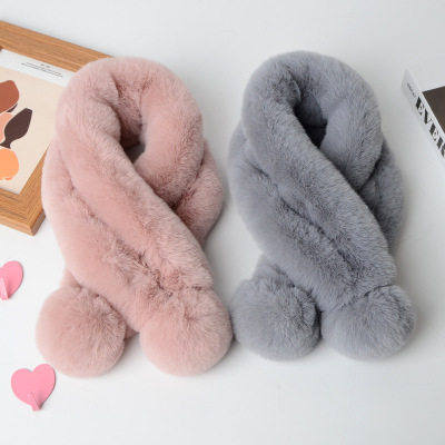 Imitate Rex Rabbit Fur Scarf Women's Winter Warm Scarf Solid Color Plush Two-Tube Fur Ball Scarf 