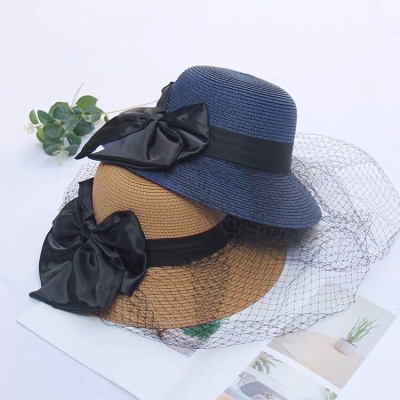 Straw Hat Women's Summer Black Mesh Face Cover Sun-Proof Sun Hat Hepburn Style Top Hat Casual Seaside Beach Sun Hat