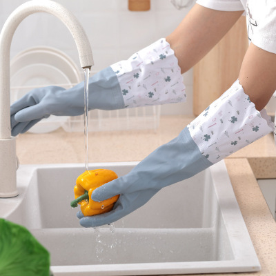 Dishwashing Gloves Women's Waterproof Rubber Thickened Winter Kitchen Durable Brush Wash Clothes Clothes Rubber Household Fleece-Lined Household Household Household
