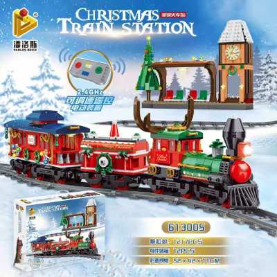 Electric Train Track Street View Winter Train Festival Children's Small Particles Building Blocks Toy Christmas Gift