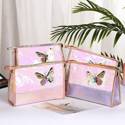 Korean New Women's Pu Cosmetic Bag Home Creative Butterfly Sequin Storage Bag Factory Bags Custom Wholesale