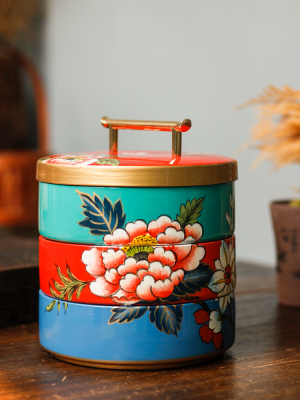 Ceramic Crafts Handmade Peony Three-Layer Pastry Box Decorative Jar