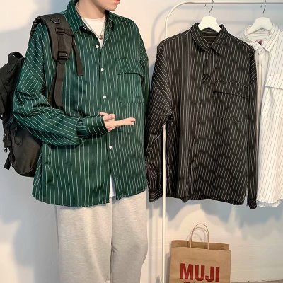 Spring and Autumn New Korean Style Casual All-Matching Shirt Trendy Brand Hong Kong Style Loose and Handsome Striped Long Sleeve Shirt Men's Top
