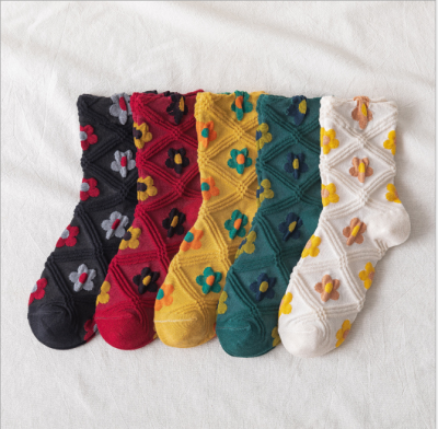 Socks Women's Mid Tube Stockings Ins Trendy Women's Elegant Japanese Style Small Flower Long Cotton Socks Street