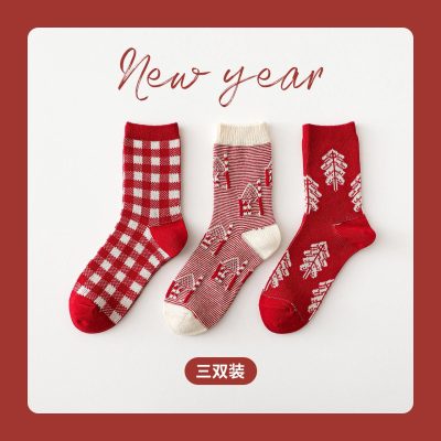 Caramella Autumn and Winter New Women's Socks Red Socks Women Trendy Socks Women's New Year Mid-Calf Socks Wholesale