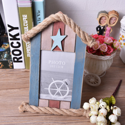 Factory Direct Sales Mediterranean Style Photo Frame Retro Wood Crafts Decoration Home Decoration Hemp Rope Photo Frame