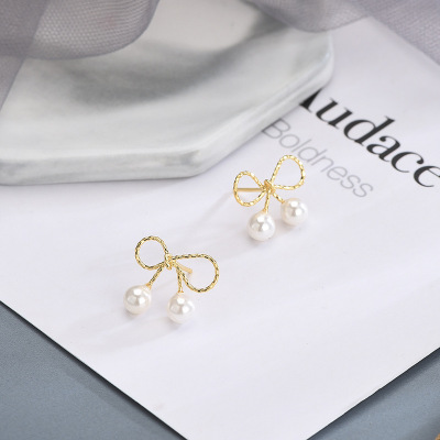 S925 Silver Korean Dongdaemun Minimalist Sweet Bow Pearl Earrings Cute Girl Student Heart Petite Earrings