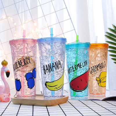 Creative Summer Ice Glass Double Plastic Crushed Ice Cup Cool Gel Ice Cup Frost Water Bottle Student Straw Drink Ice Cup