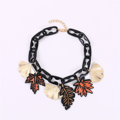 Fashion Sweet Acrylic Alloy Leaf Necklace Clavicle Chain Exaggerated Necklace Sweater Chain Accessories