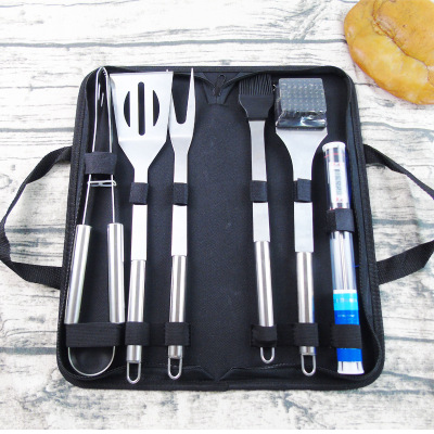 Amazon Cloth Bag 6-Piece Set with Thermometer Stainless Steel Barbecue Tools Outdoor BBQ Barbecue Suit Appliances