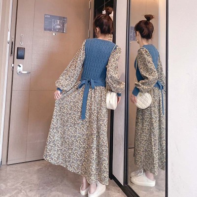 2021 Spring New round Neck Floral Patchwork Knitting Dress Women's Lantern Sleeve Mid-Length Sweater Skirt Ins Fashion