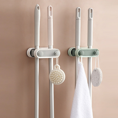 Multifunctional Wall Mount Punch-Free Space-Saving Dual Card Position with 2 Hooks Non-Marking Mop Clip Toilet Brush 