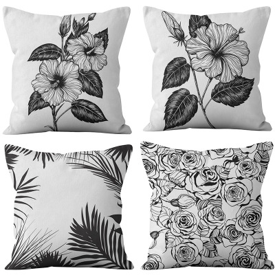 Amazon New Black-and-White Flowers Cotton and Linen Cushion Case Home Sofa Cushion Office Car Back Cushion Covers