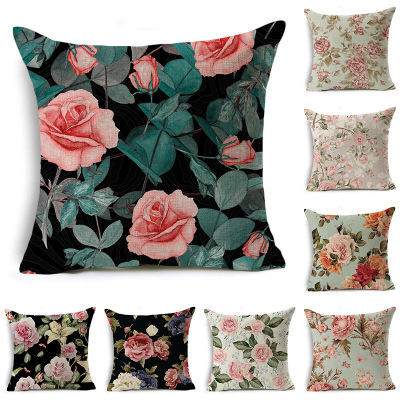 Amazon New Black Rose Linen Pillow Cover Home Sofa Cushion Cushion Cover Wholesale Customization