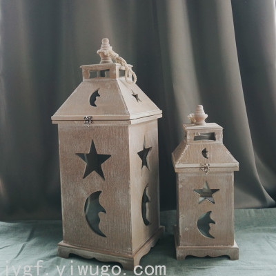 European Retro Distressed Romantic Candlestick Decoration Windproof Floor Wooden Storm Lantern Large Candle Holder Wedding Props Barn Lantern