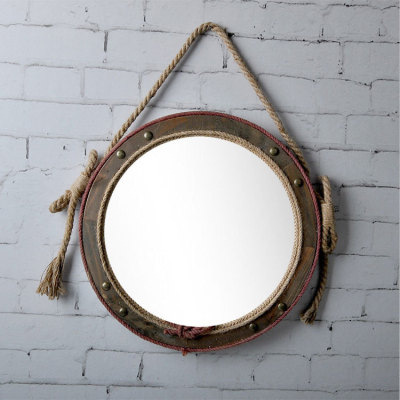 Korean Style Wooden Makeup Mirror Hairdressing Mirror Wall Mounted Home Decorative Mirror Retro Hemp Rope Crafts Mirror Wholesale