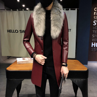 2019 Autumn and Winter New Men's Leather Coat Handsome Slim-Fitting Motorcycle Mid-Length Big Fur Collar PU Leather Trench Coat Men