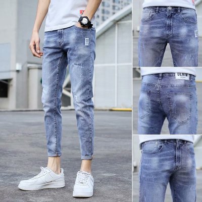Ripped Jeans Men's Summer Korean Style Trendy Men's Slim Fit Skinny Casual Stretch Fashion Brand Ins Cropped Pants