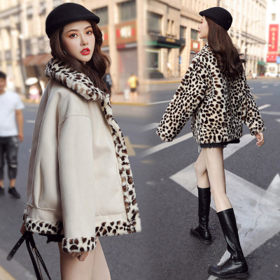 Double-Sided Wear Leopard Splicing Baggy Coat Women's Autumn and Winter Small Fashion Short Lamb Wool Fur and Leather Overcoat