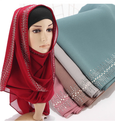 Foreign Trade Hot-Selling New Arrival New Rhinestone Pearl Chiffon Baked Porcelain Scarf Scarf Veil Scarf Muslim Kerchief