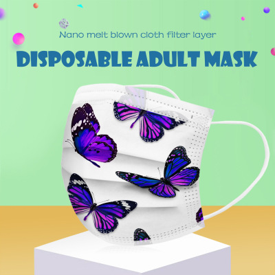 New Cross-Border Pansy Purple Pink Couple Spunlace Three-Layer Filter Meltblown Fabric Adult Printed Disposable Mask