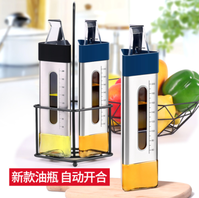 Kitchen Supplies New Glass Oil Bottle Wholesale Triangle Stainless Steel Oiler Soy Sauce Bottle Seasoning Bottle Spice Jar