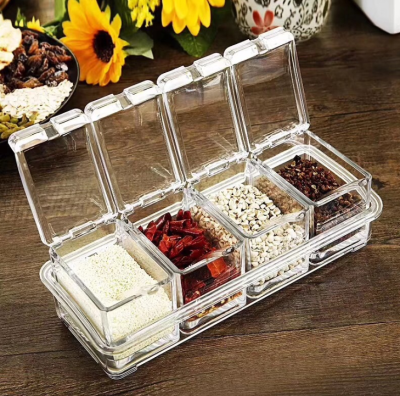 Kitchen Supplies Transparent Acrylic Condiment Dispenser Four-Grid Seasoning Box Four-in-One Cruet Set with Spoon Wholesale