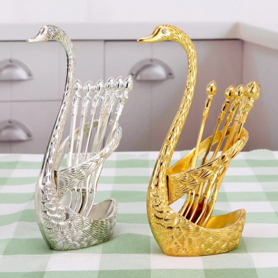 European-Style Feather Swan Fruit Fork Spoon Kit Electroplated Gold and Silver 7-Piece Set Living Home Decoration