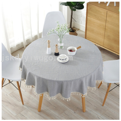 Japanese Style Simple Yarn-Dyed Imitation Cotton Linen Tablecloth Tablecloth round Plain Solid Color Light Gray and Dark Blue Tassel Table Cloth