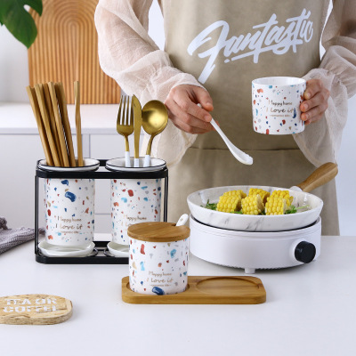 2020 New Listed Powerful Manufacturers Nordic Fresh Series Ceramic Chopsticks Holder Sugar Salt Refined Seasoning Jar Matching Set
