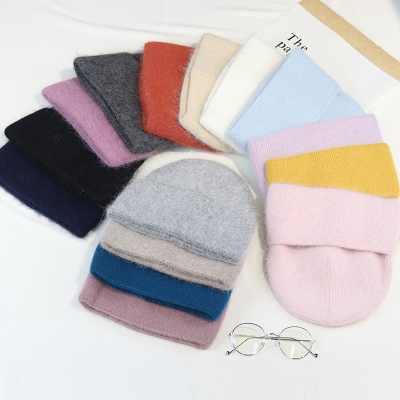 Hat Female Autumn and Winter Korean Style Japanese Style Warm Hat All-Match Solid Color Rabbit Fur Knitted Hat Cute Sweet Sleeve Cap Tide