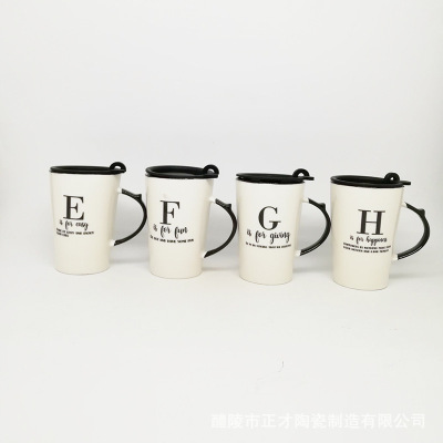 Factory Direct Sales White Alphabet Mug Ceramic Cup with Lid Customizable Large-Capacity Water Cup in Stock Wholesale