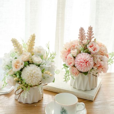 Nordic Artificial Flower Set Ceramic Hemp Rope Vase Rose Artificial Plant Pot Home Decoration Fake Flower Pot