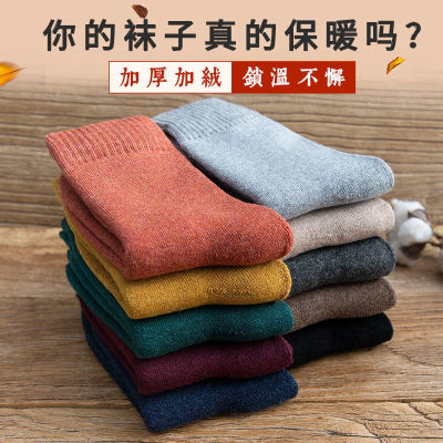 Men's Cotton Terry Sock Autumn and Winter Socks Solid Color Mid-Calf Length Socks plus Velvet Thick Stockings in Winter Warm Terry Socks