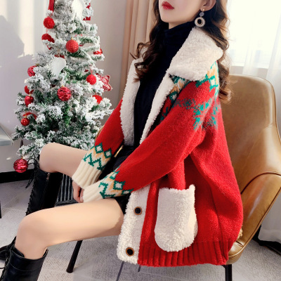 Autumn Christmas New Coat Long Sleeve Knitted Cardigan Lazy Thickened All-Matching Korean Style Soft and Glutinous Sweater