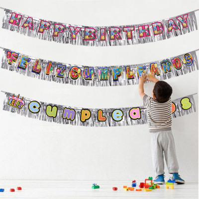 Feliz Cumpleanos Happy Birthday Rain Silk Hanging Flag Party Venue Layout Props Happy Birthday Flag