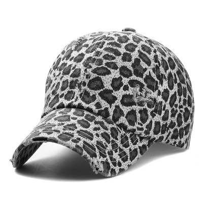 Hat European and American Washed Distressed Leopard Print Big Cross Baseball Hat Outdoor Ripped Curved Brim Sun Hat Factory Direct Sales