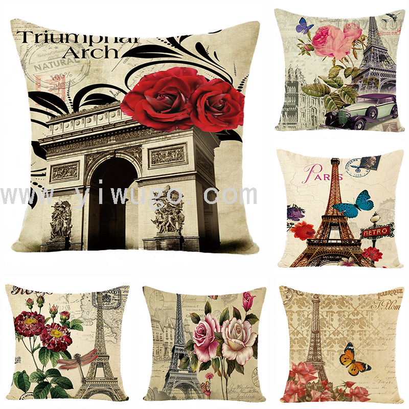 复古怀旧风格数码印花亚麻抱枕套 沙发客厅靠垫 卧室床头装饰靠枕