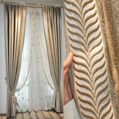 New Light Luxury Rice Grain Jacquard Shading Artificial Silk Curtain Finished Product Customization Physical Light Blocking