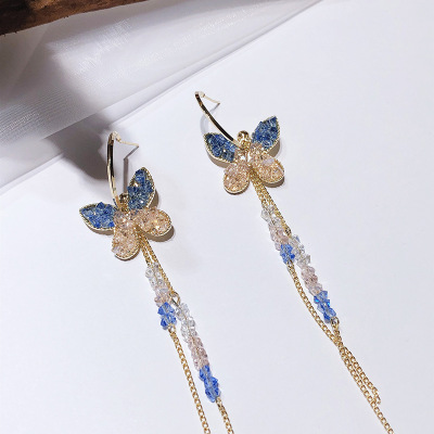 Butterfly Earrings Fashion Beautiful Elegant Graceful Ear Ring All-Matching Long Tassel Diamond Earrings Sterling Silver Needle