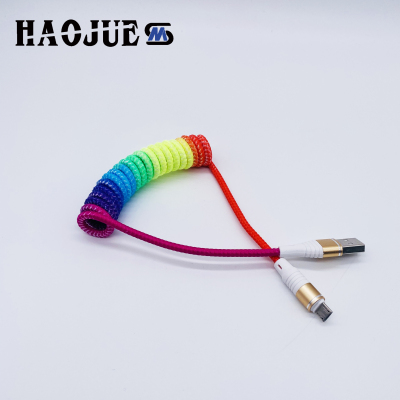 2021 New Haojue Rainbow Spring Wire Telescopic Extension Data Cable Mobile Phone Fast Charging Colorful Weaving